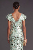 Green Sparkly Sequined Ruffled Sheath V-Neck Long Formal Dress