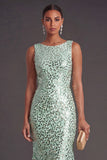 Sparkly Green Sequined Mermaid Boat Neck Long Formal Dress