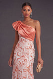 Peach Sparkly Mermaid Sequined One Shoulder Long Formal Dress