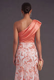 Peach Sparkly Mermaid Sequined One Shoulder Long Formal Dress