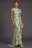 Green Sparkly Sequined Mermaid Boat Neck Long Formal Dress
