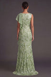 Green Sparkly Sequined Mermaid Boat Neck Long Formal Dress