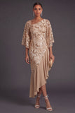 Champagne Sparkly Mermaid Sequined Asymmetrical Neck Long Formal Dress