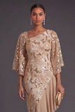 Champagne Sparkly Mermaid Sequined Asymmetrical Neck Long Formal Dress