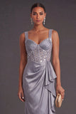 Grey Blue Sparkly Corset Mermaid Thick Straps Sequined Long Formal Dress