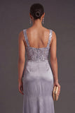 Grey Blue Sparkly Corset Mermaid Thick Straps Sequined Long Formal Dress