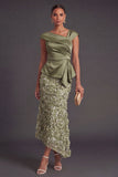 Dusty Sage Sparkly Floral Mermaid Sequined Asymmetrical Neck Long Formal Dress