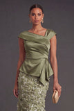 Dusty Sage Sparkly Floral Mermaid Sequined Asymmetrical Neck Long Formal Dress