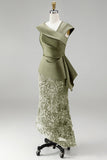 Dusty Sage Sparkly Floral Mermaid Sequined Asymmetrical Neck Long Formal Dress