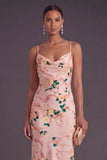 Pink Floral Mermaid Spaghetti Straps Long Wedding Guest Dress