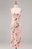 Pink Floral Mermaid Spaghetti Straps Long Wedding Guest Dress