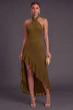 Olive Halter Neck Ruffled High-Low Wedding Guest Dress