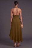 Olive Halter Neck Ruffled High-Low Wedding Guest Dress