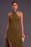 Olive Halter Neck Ruffled High-Low Wedding Guest Dress
