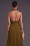 Olive Halter Neck Ruffled High-Low Wedding Guest Dress
