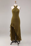 Olive Halter Neck Ruffled High-Low Wedding Guest Dress