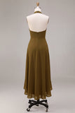 Olive Halter Neck Ruffled High-Low Wedding Guest Dress