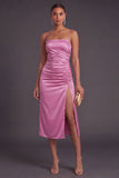 Spaghetti Straps Fuchsia Bodycon Midi Wedding Guest Dress with Side Slit