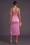 Spaghetti Straps Fuchsia Bodycon Midi Wedding Guest Dress with Side Slit