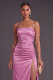 Spaghetti Straps Fuchsia Bodycon Midi Wedding Guest Dress with Side Slit