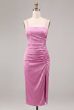 Spaghetti Straps Fuchsia Bodycon Midi Wedding Guest Dress with Side Slit
