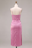 Spaghetti Straps Fuchsia Bodycon Midi Wedding Guest Dress with Side Slit