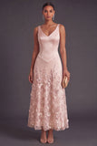 Sparkly Pink A Line V Neck Floral High Waist Long Wedding Guest Dress