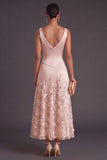 Sparkly Pink A Line V Neck Floral High Waist Long Wedding Guest Dress