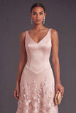 Sparkly Pink A Line V Neck Floral High Waist Long Wedding Guest Dress