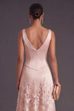 Sparkly Pink A Line V Neck Floral High Waist Long Wedding Guest Dress