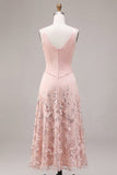 Sparkly Pink A Line V Neck Floral High Waist Long Wedding Guest Dress