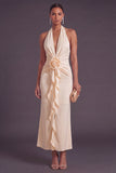 Apricot Mermaid Ruffled Halter Neck Long Wedding Guest Dress