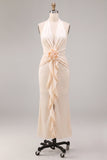 Apricot Mermaid Ruffled Halter Neck Long Wedding Guest Dress
