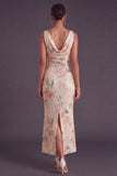 Sparkly White Pink Floral Mermaid Sequin Cowl Neck Long Wedding Guest Dress