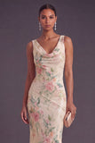 Sparkly White Pink Floral Mermaid Sequin Cowl Neck Long Wedding Guest Dress