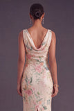 Sparkly White Pink Floral Mermaid Sequin Cowl Neck Long Wedding Guest Dress