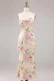Sparkly White Pink Floral Mermaid Sequin Cowl Neck Long Wedding Guest Dress