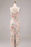Sparkly White Pink Floral Mermaid Sequin Cowl Neck Long Wedding Guest Dress