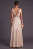 Champagne A Line Cowl Neck Long Wedding Guest Dress