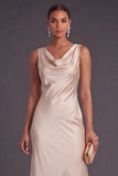 Champagne A Line Cowl Neck Long Wedding Guest Dress
