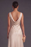 Champagne A Line Cowl Neck Long Wedding Guest Dress