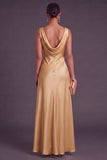 Champagne A Line Cowl Neck Long Wedding Guest Dress