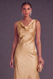 Champagne A Line Cowl Neck Long Wedding Guest Dress
