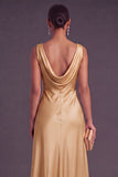 Champagne A Line Cowl Neck Long Wedding Guest Dress