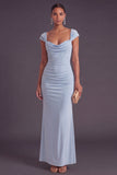 Sky Blue Mermaid Cowl Neck Maxi Wedding Guest Dress with Sleeves