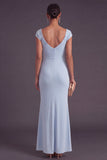 Sky Blue Mermaid Cowl Neck Maxi Wedding Guest Dress with Sleeves