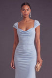 Sky Blue Mermaid Cowl Neck Maxi Wedding Guest Dress with Sleeves