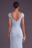 Sky Blue Mermaid Cowl Neck Maxi Wedding Guest Dress with Sleeves