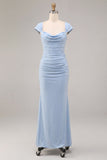 Sky Blue Mermaid Cowl Neck Maxi Wedding Guest Dress with Sleeves