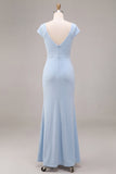 Sky Blue Mermaid Cowl Neck Maxi Wedding Guest Dress with Sleeves